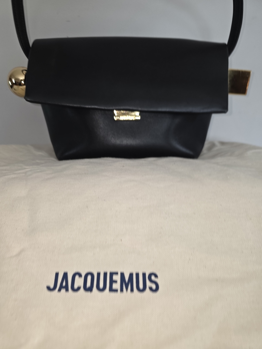 Jacquemus Le Ronde Carre Black Leather Shoulder Bag with Gold Accents